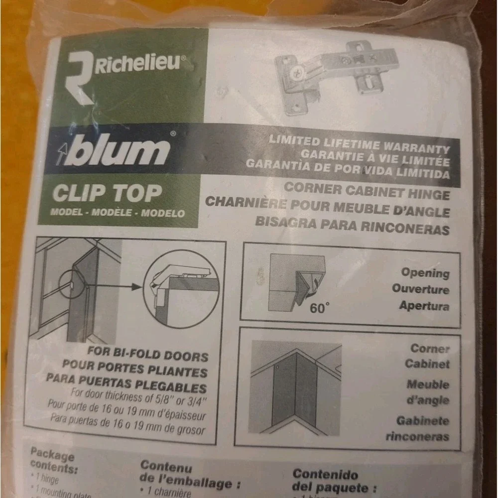 Richelieu Blum Clip Top Corner‎ Cabinet Hinge Bi-Fold Corner Hinge NIB